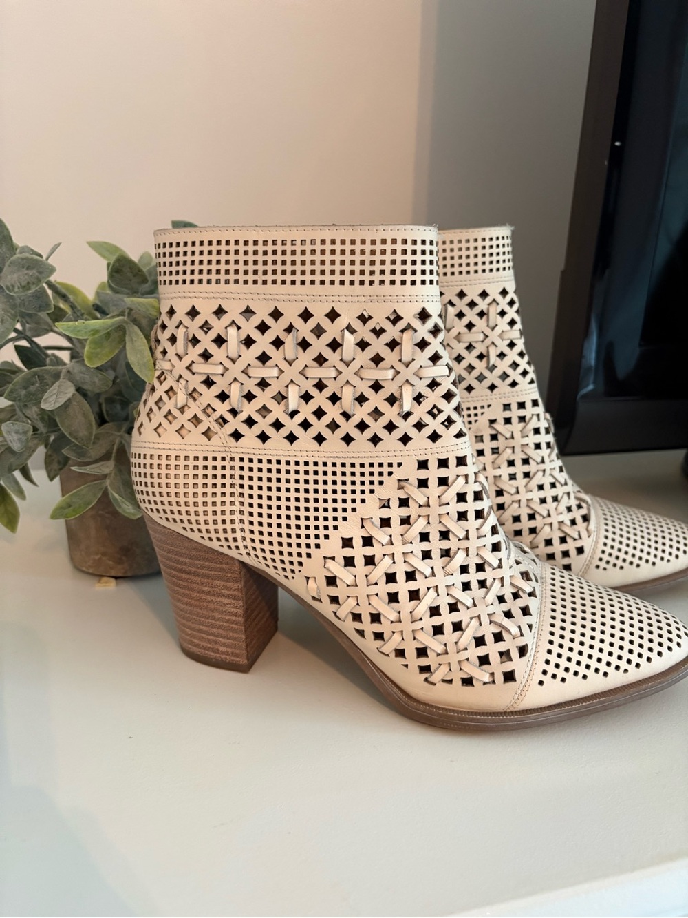Franco Sarto Cream Laser-Cut Ankle Booties with Stacked Heel